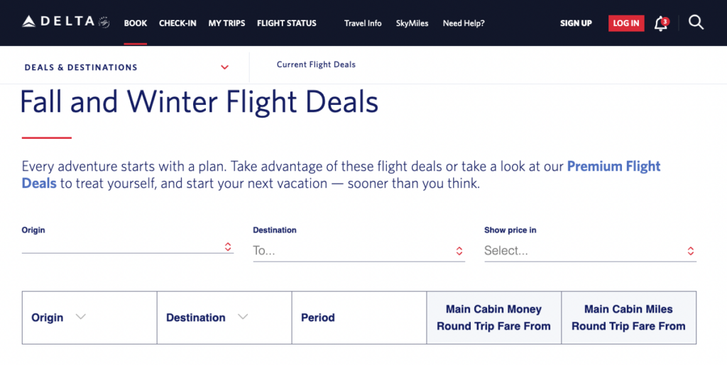 Delta fall and winter deal website for fall travel deals