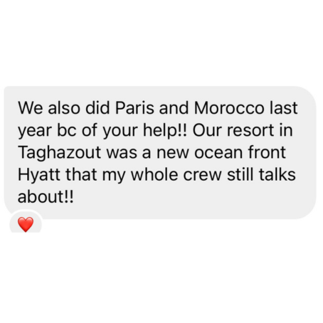 Customer testimonial about Paris and Morocco travel planning with Hyatt resort in Taghazout
