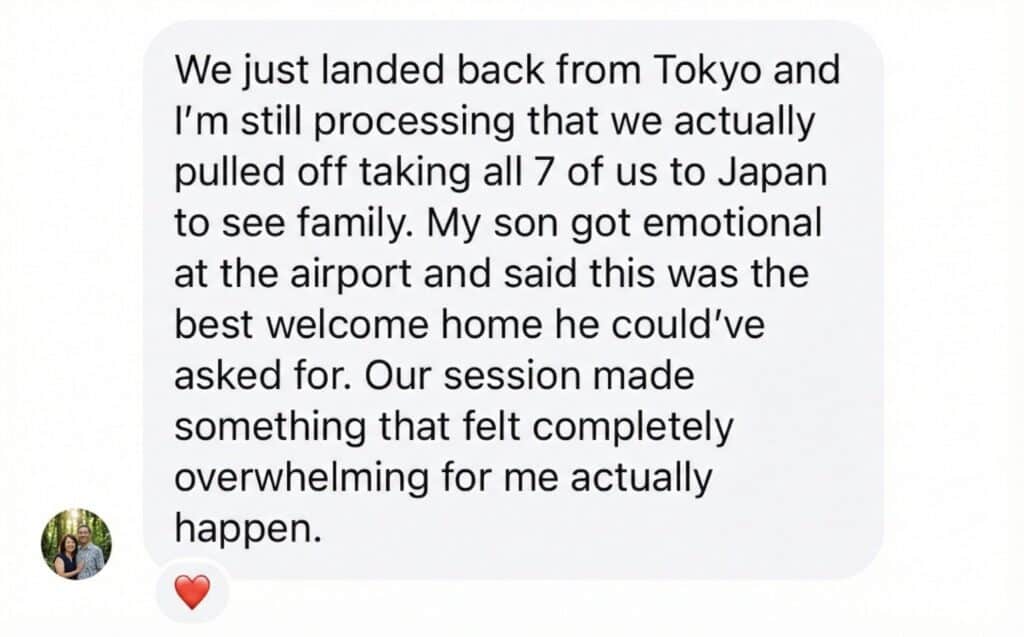 Family travel consulting testimonials alongside photos of travel documents and planning sessions.