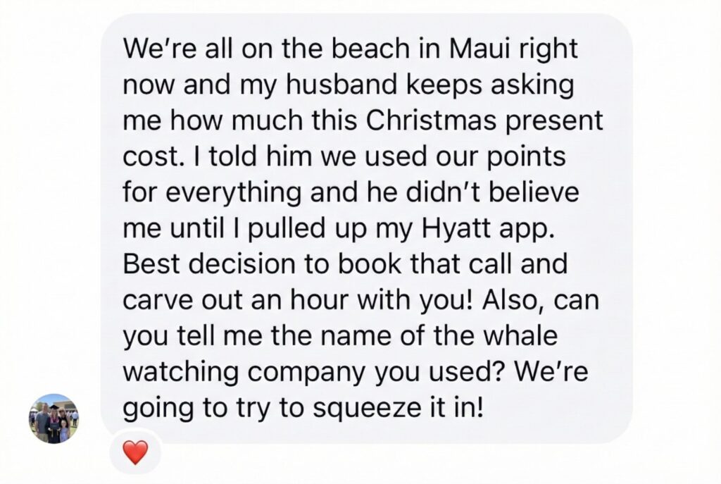 Family travel consulting testimonials alongside photos of travel documents and planning sessions.