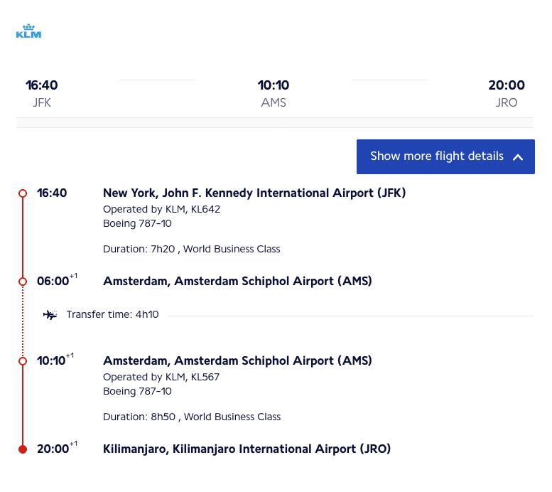 Detailed World Business Class flight itinerary from JFK to Kilimanjaro via Amsterdam, showcasing expert use of airline transfer partners.