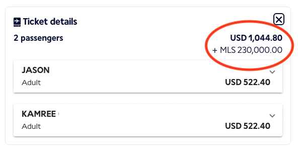 Final booking summary for two passengers showing a total cost of 230,000 miles and $1,044.80 in taxes and fees.